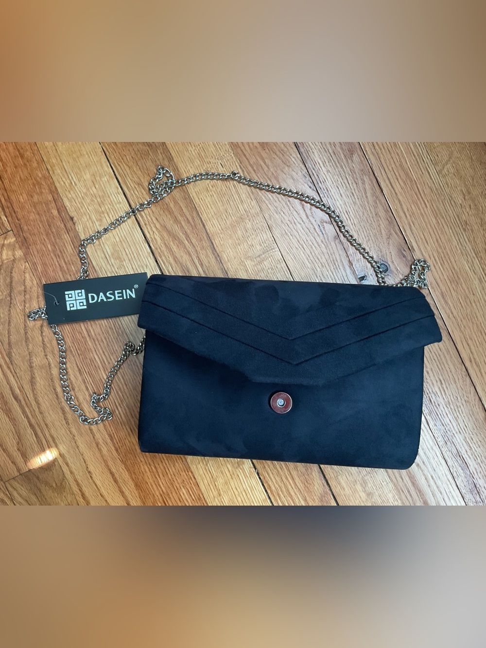 DASEIN Navy Suede Envelope Clutch with Chain Strap